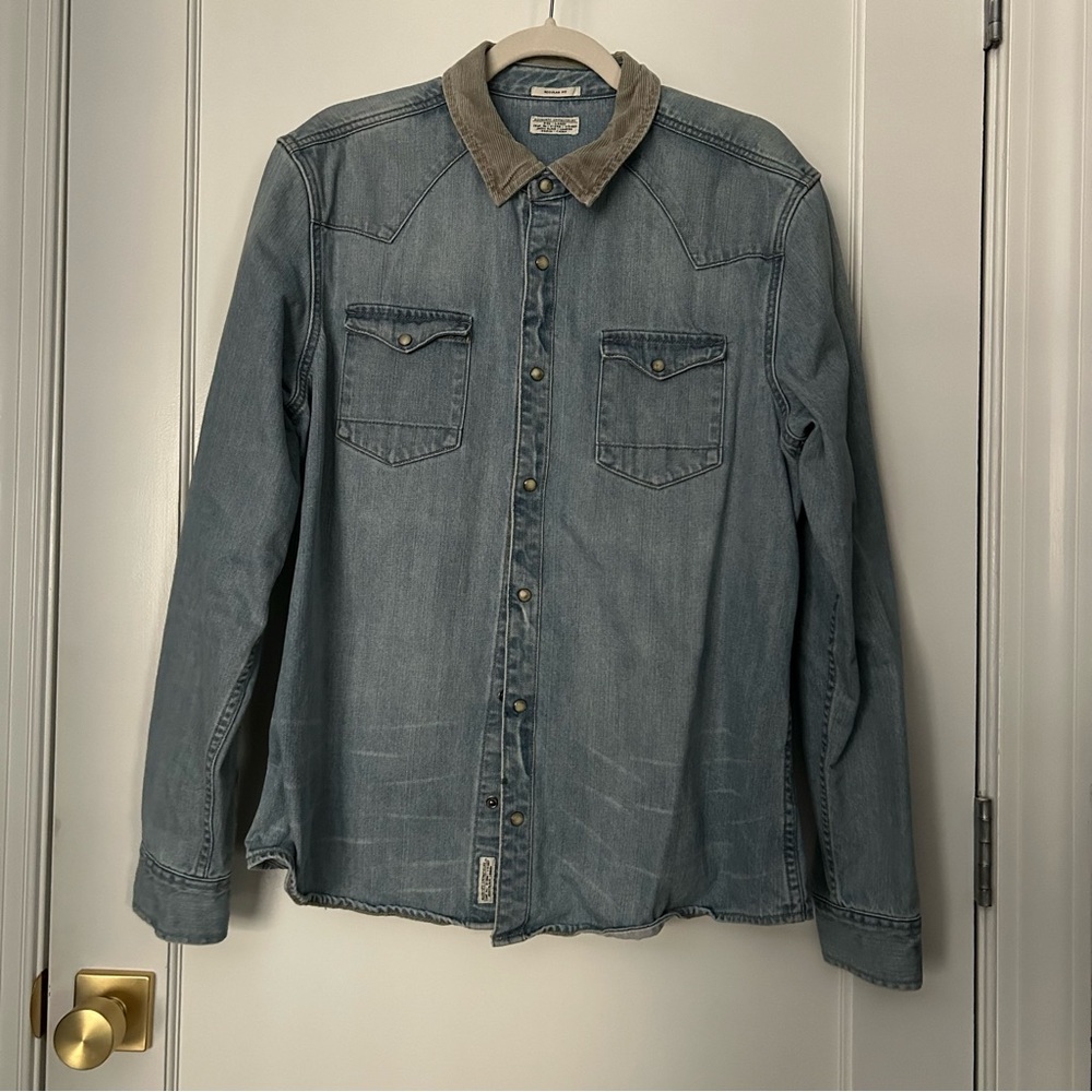 Allsaints Denim Shirt with Tan Corduroy Collar, Large
